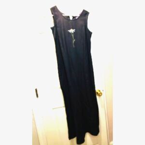 Premier International Black Linen Blend Dress w/Daisy Stitched Flower Sz 6-8